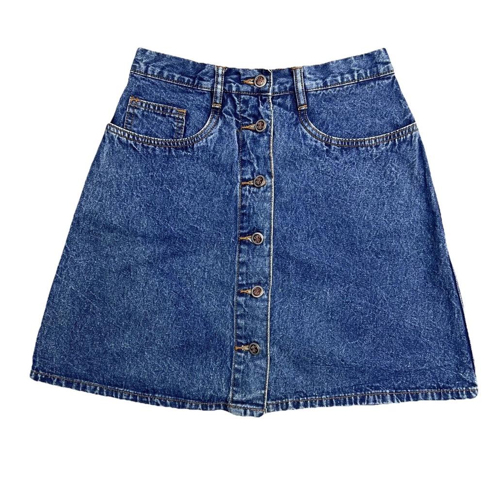 Vintage Bill Blass Denim Skirt Women's 8 Knee Length Signature Buttons Cotton